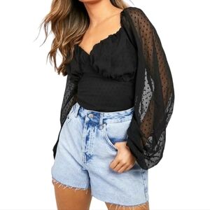 Boohoo Black Dobby Mesh Ruffle Ruched Cup Cropped Top - Size 10